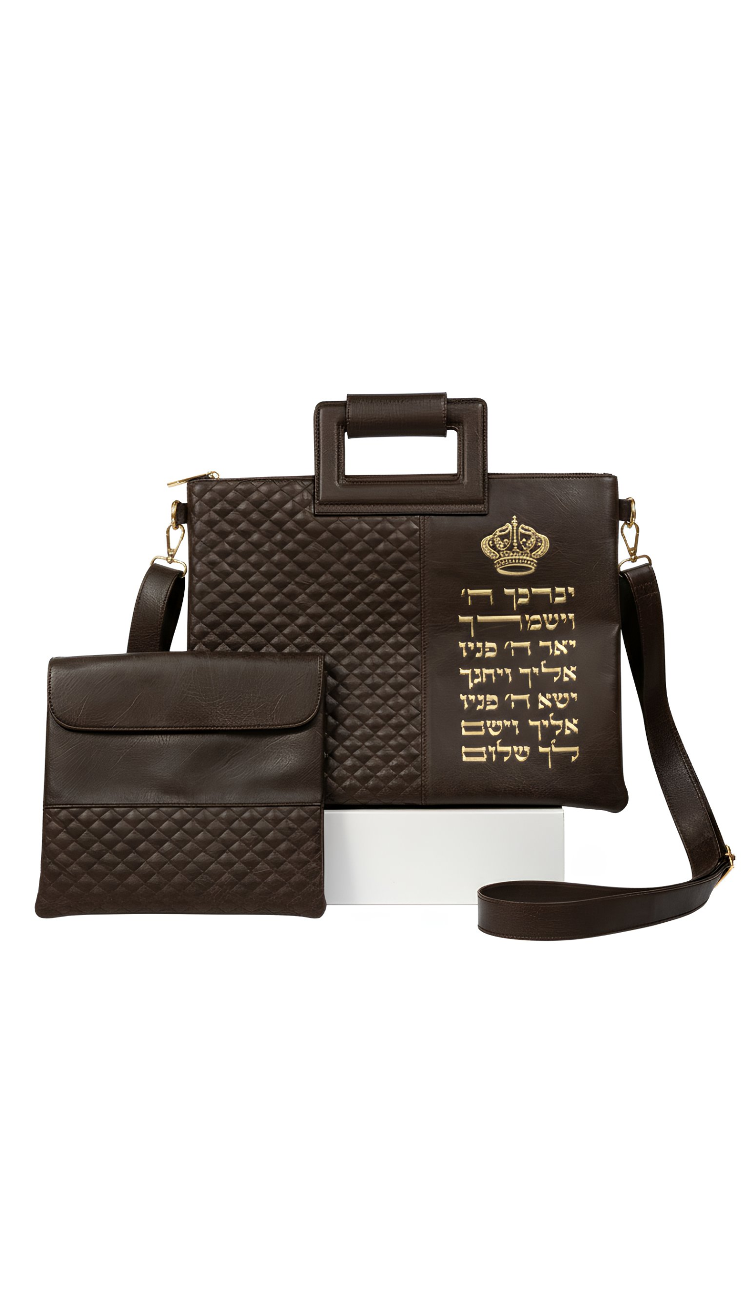 סט טלית ותפילין יוקרתי בצבע חום כהה עם רקמת יברכך