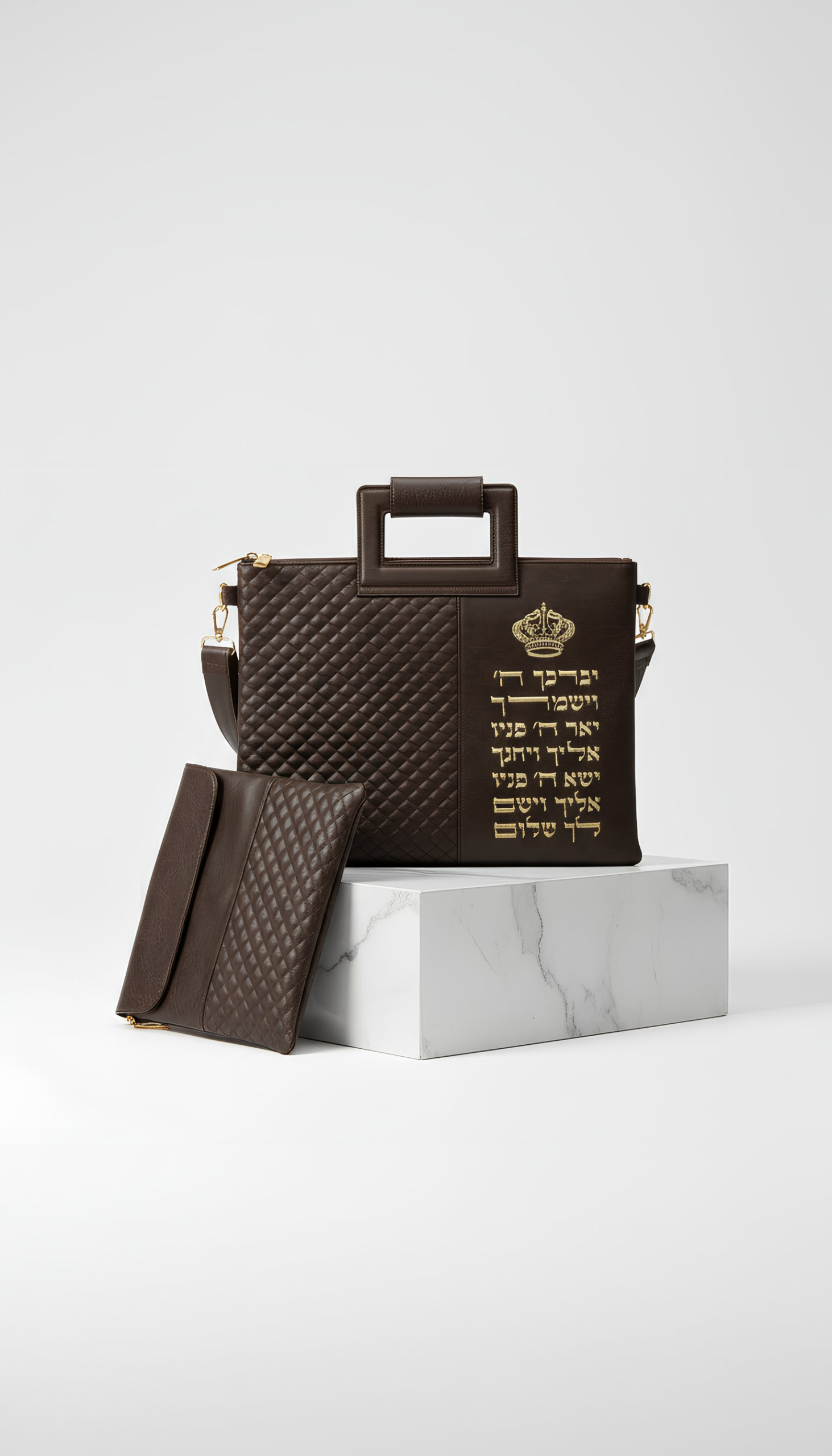 סט טלית ותפילין יוקרתי בצבע חום כהה עם רקמת "יברכך" – תמונה 2